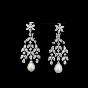 Floral Diamond & Pearl Drop Chandelier Earrings