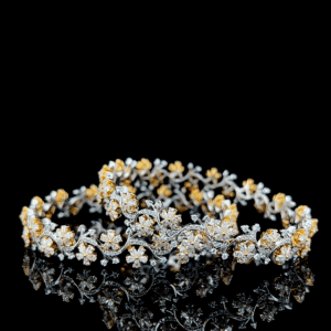 Dual-tone gold diamond floral bangles with yellow-gold petals and diamond blossoms – designer jewellery India